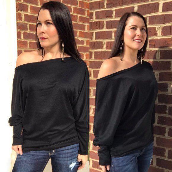 Charcoal Off The Shoulder Dolman Sleeve Top - Can Also Be Worn Boat Neck!! - Tops - dalia + jade 