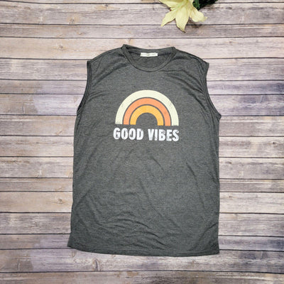 Gray Good Vibes Rainbow Graphic Sleeveless Tank Top - Tops - dalia + jade 