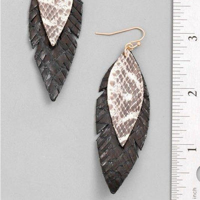 Snake Print Long Layered Leather Feather Earrings - Accessories - dalia + jade 