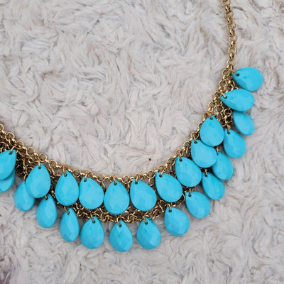 Double Layered Blue Tear Drop Beaded Gold Colored Statement Necklace 22" - Accessories - dalia + jade 
