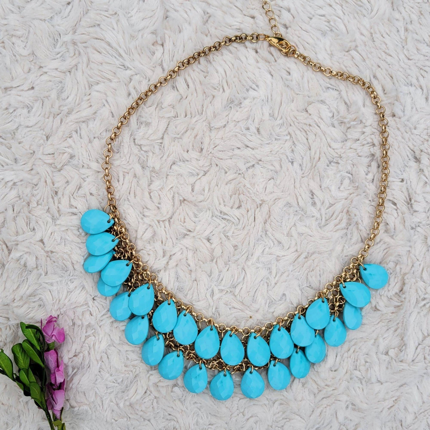 Double Layered Blue Tear Drop Beaded Gold Colored Statement Necklace 22" - Accessories - dalia + jade 