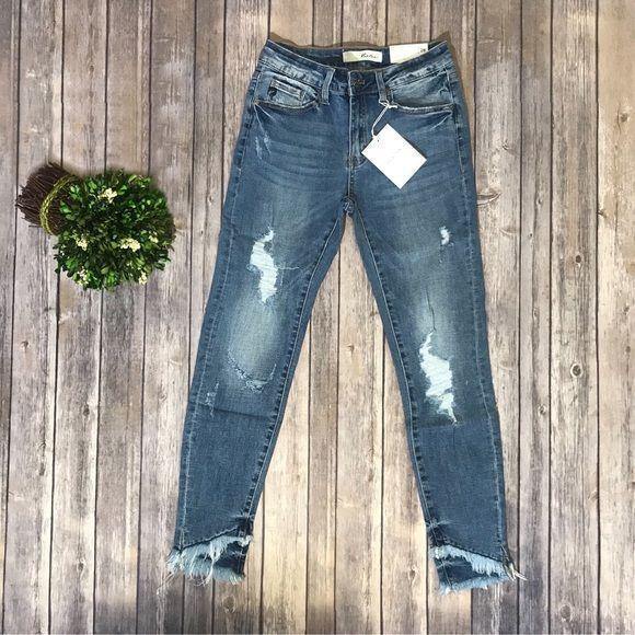 Kancan KC6204BK Black Mid Rise Fringe Slit Skinny Jeans - jeans - dalia + jade 